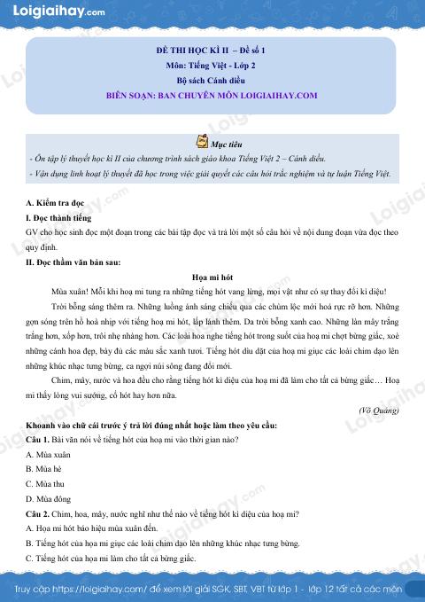 Đề thi học kì 2 Tiếng Việt 2 CD - Đề số 1